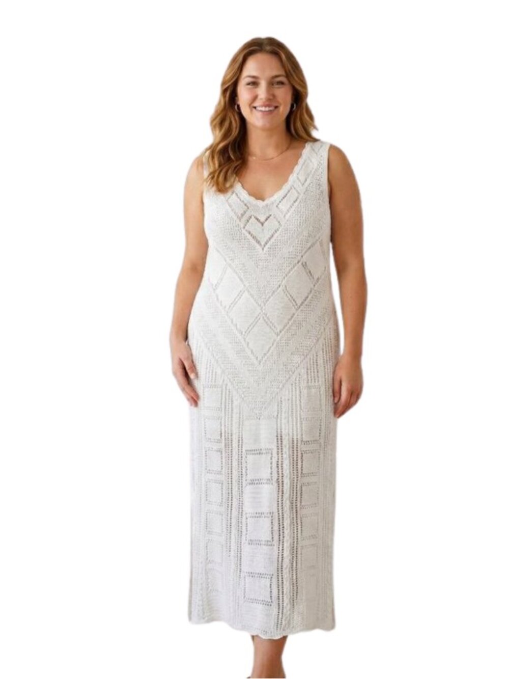 Boho White Crochet Knit Maxi Dress Beach Coverup One Size